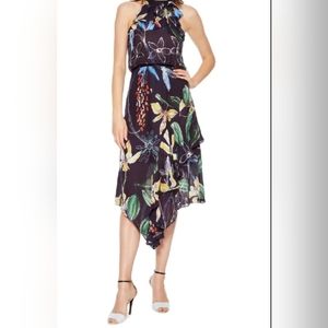 Parker Julieta Blue Floral Midi Dress High Neck Asymmetrical Hem Size Small